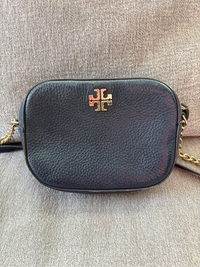Tory Burch Black Pebbled Leather Mini Camera Bag with Gold Logo